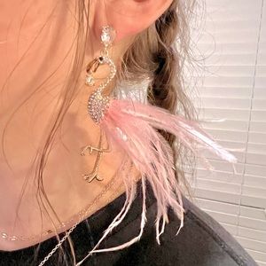 Pink Flamingo Rhinestone and Feather Stud Earrings